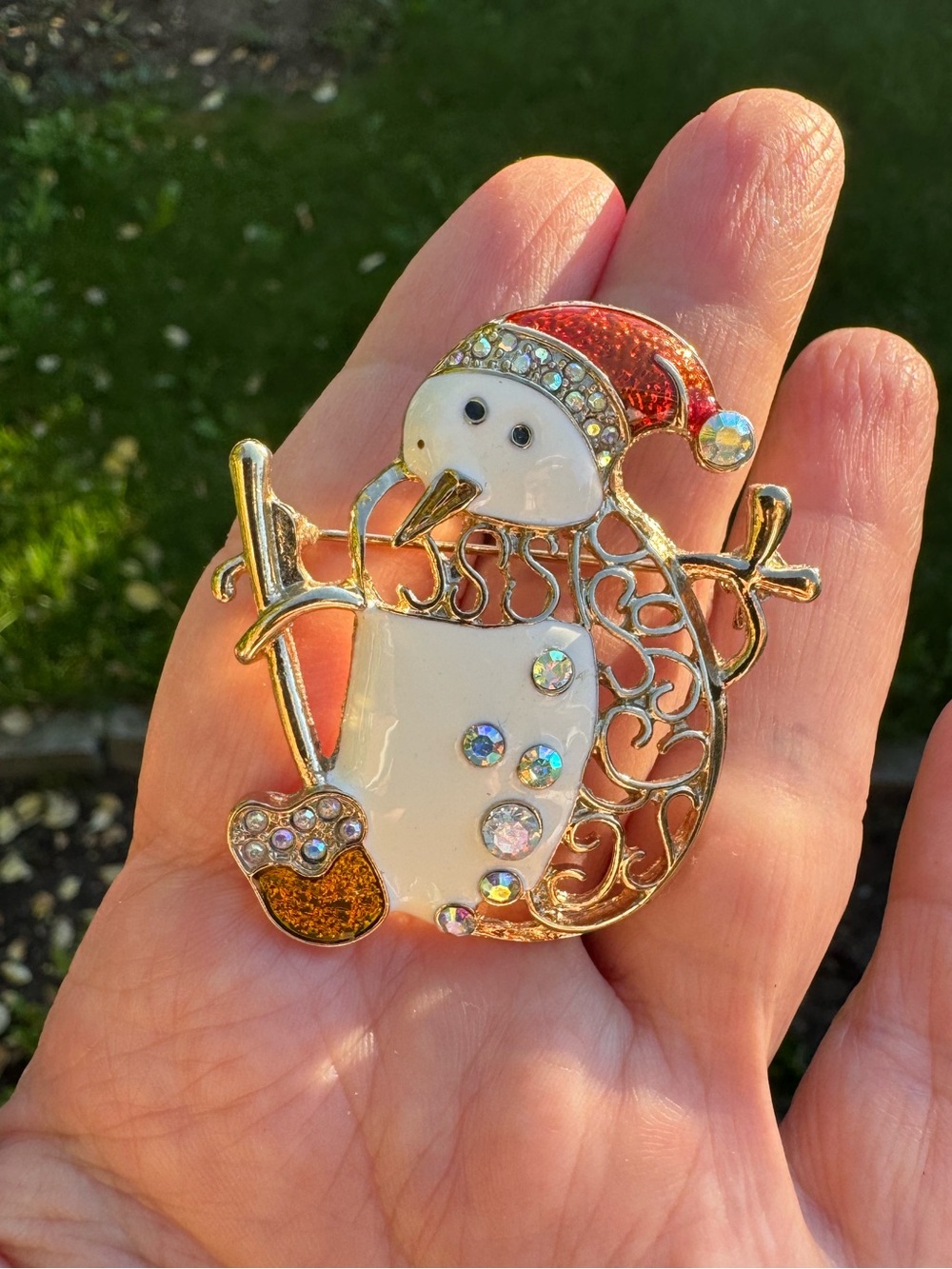 Gold-Tone White and Red Snowman Bird Brooch - Festive Crystal Accent